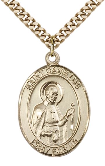 14KT GOLD FILLED ST CAMILLUS OF LELLIS NURSE PENDANT ON A CHAIN - 1" x 3/4"